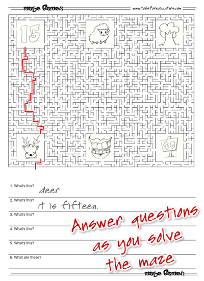Phonics maze with image content squares and questions below