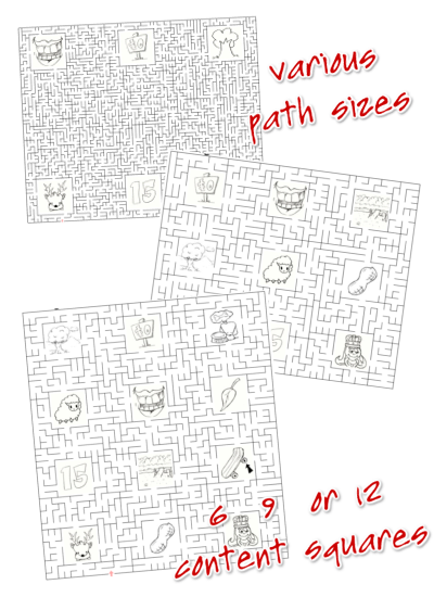 Maze path sizes and 6, 9, or 12 content squares