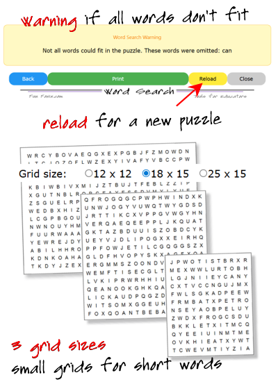 Word search grid sizes and reload option