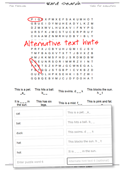 Word search with alternative text hints