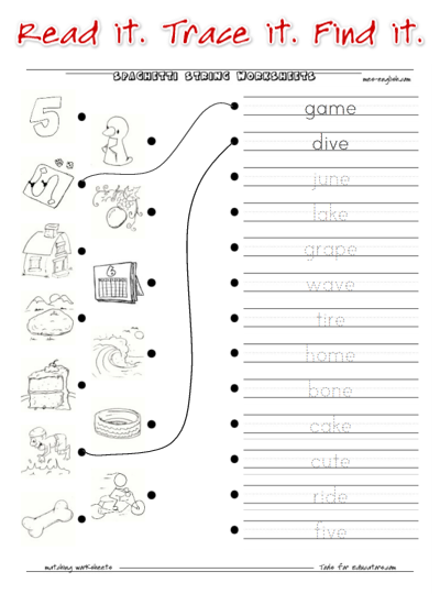 Spaghetti string matching worksheet - traceable text version