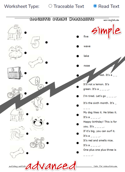 Reading spaghetti string worksheet - simple or advanced version