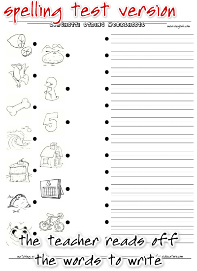 spelling test and matching worksheet with spaghetti string exercise