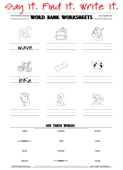 Word bank worksheet with phonics images and writing lines