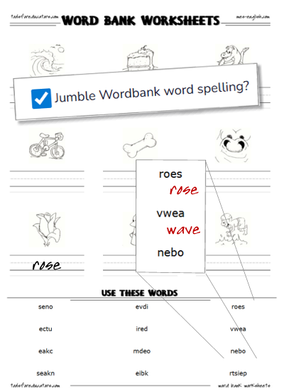 Word bank worksheet with jumbled spelling option