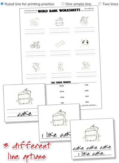 Word bank worksheet with ruled line options